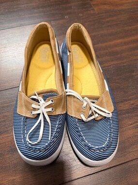 Keds Boat Shoes Blue White Tan Slip On Loafers Womans 10
